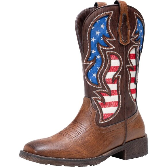 Men\'s Brown 1 Western Boot Side Zipper American Flag Retro Square Toe Mid-Calf main image 4